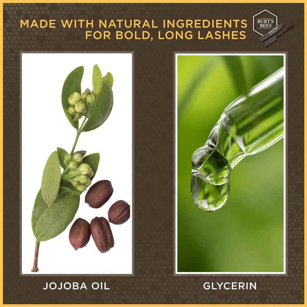 Burt's Bees cruelty-free mascara logo and packaging visible in the shot.