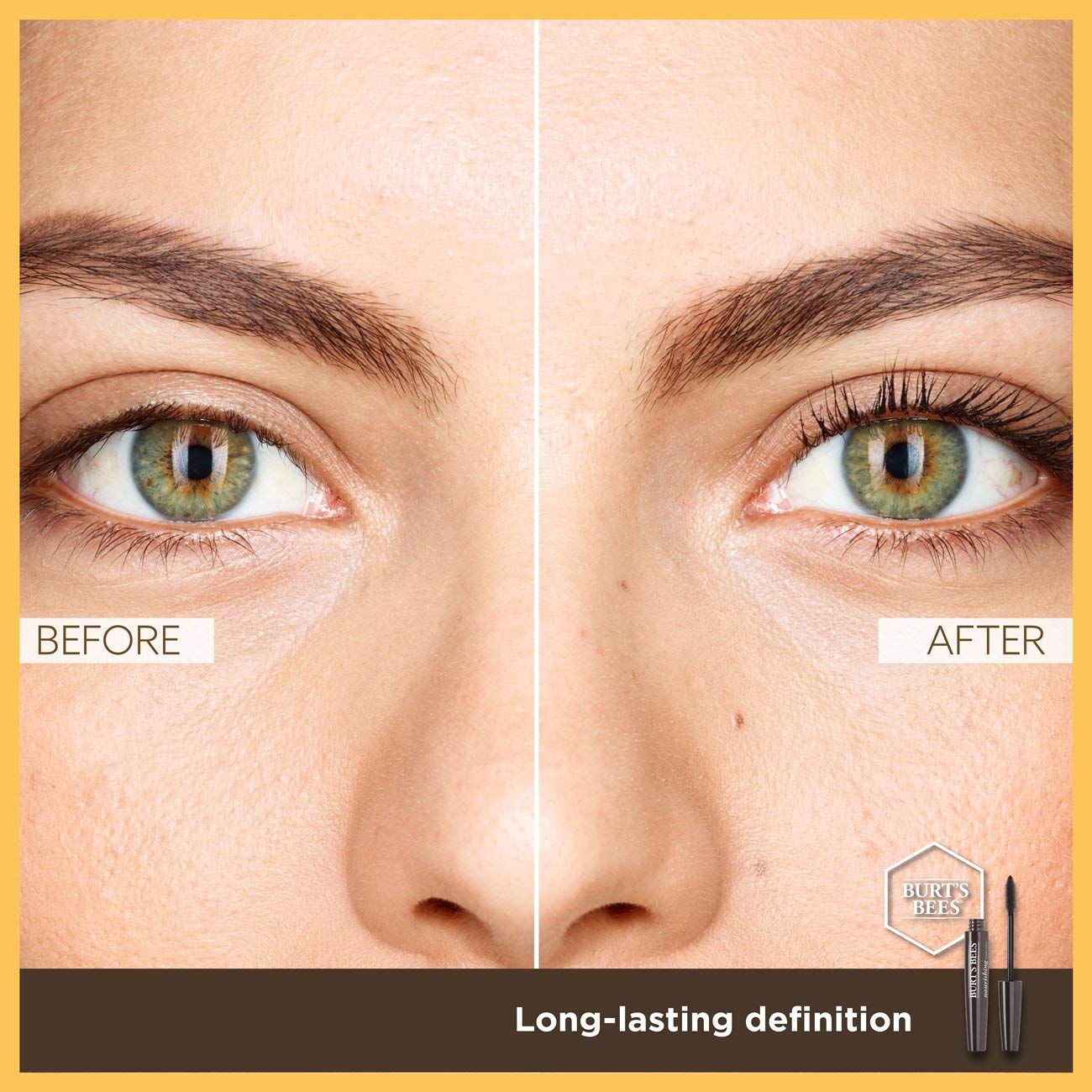 Burt's Bees mascara highlights a gentle formula for delicate eyes.