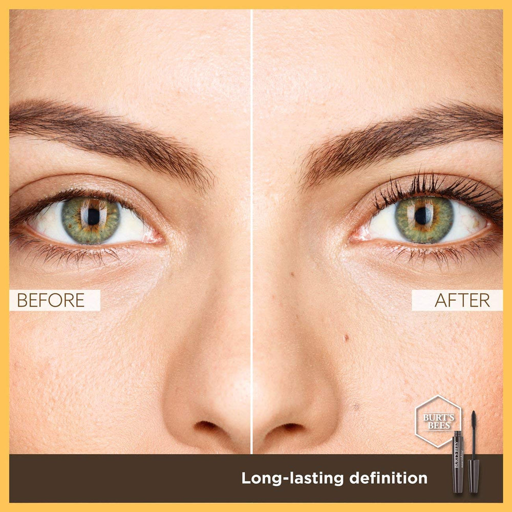 Burt's Bees mascara highlights a gentle formula for delicate eyes.