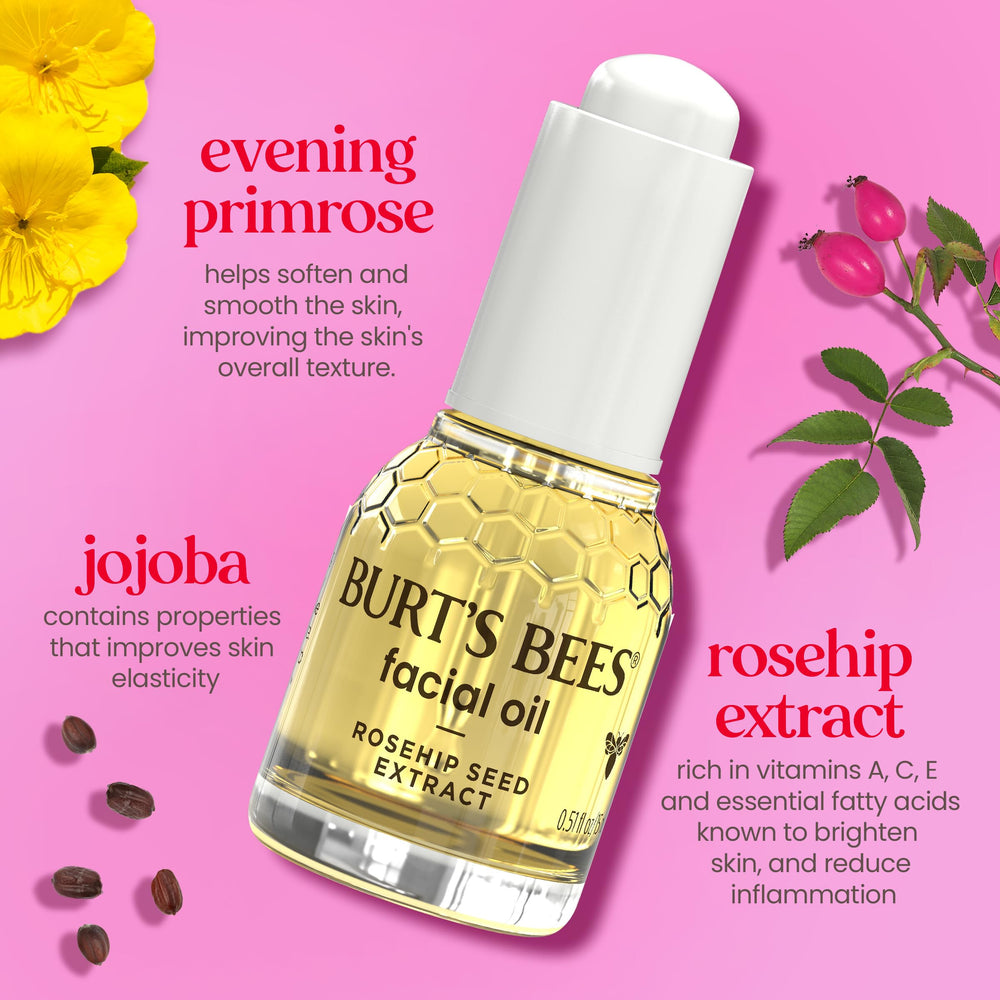 Burt's Bees oil drops on hand illustrate simple two-to-three-drop usage