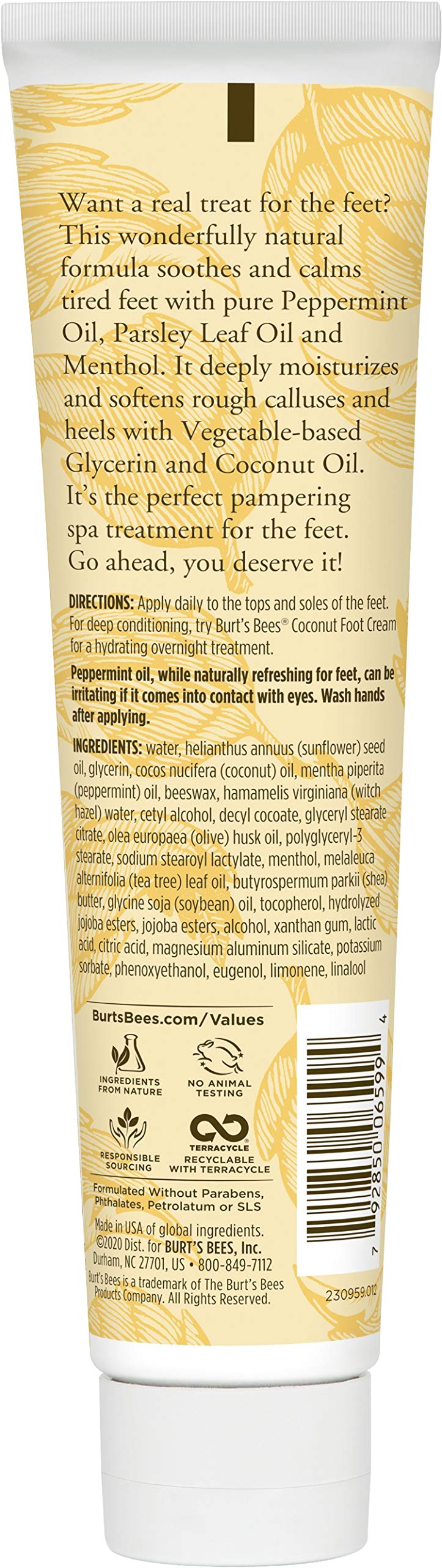 Burt's Bees Peppermint Oil Foot Lotion close-up highlights menthol for a refreshing, invigorating sensation.