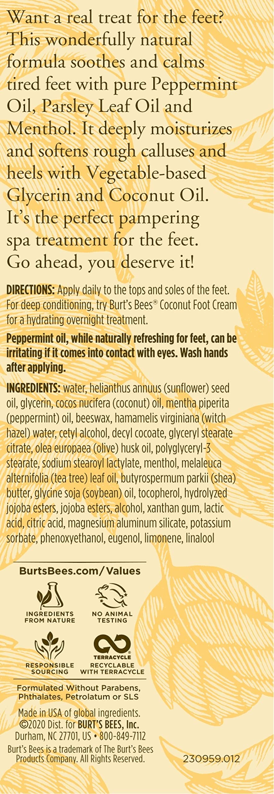 Burt's Bees Peppermint Oil Foot Lotion ingredients focus emphasizes natural origin and skin-softening oils.