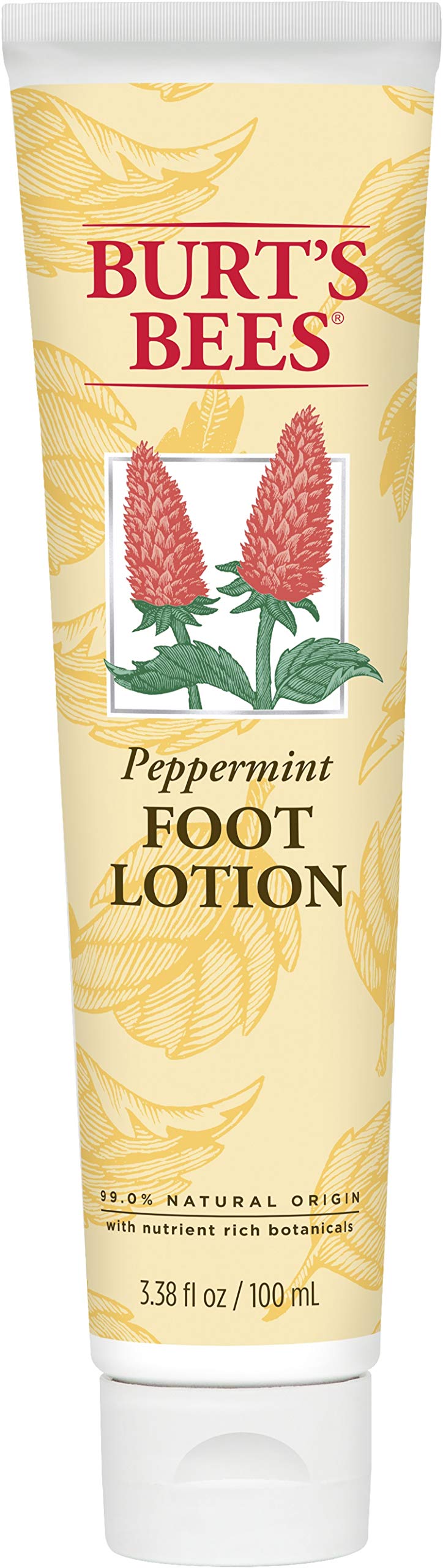 Burt's Bees Peppermint Oil Foot Lotion packaging shows natural cooling care for tired feet.