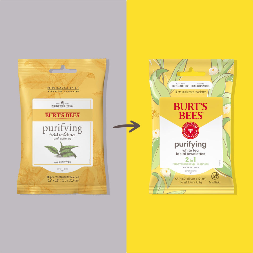 Burt's Bees Purifying Towelettes close-up shows soft cotton texture for makeup removal
