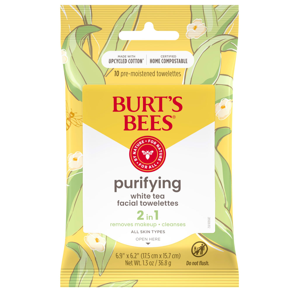 Burt's Bees Purifying Towelettes packaging shows on-the-go cleansing capability