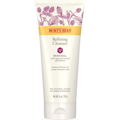Burt's Bees Renewal Refining Cleanser bottle closeup shows gentle cleansing for smoother skin