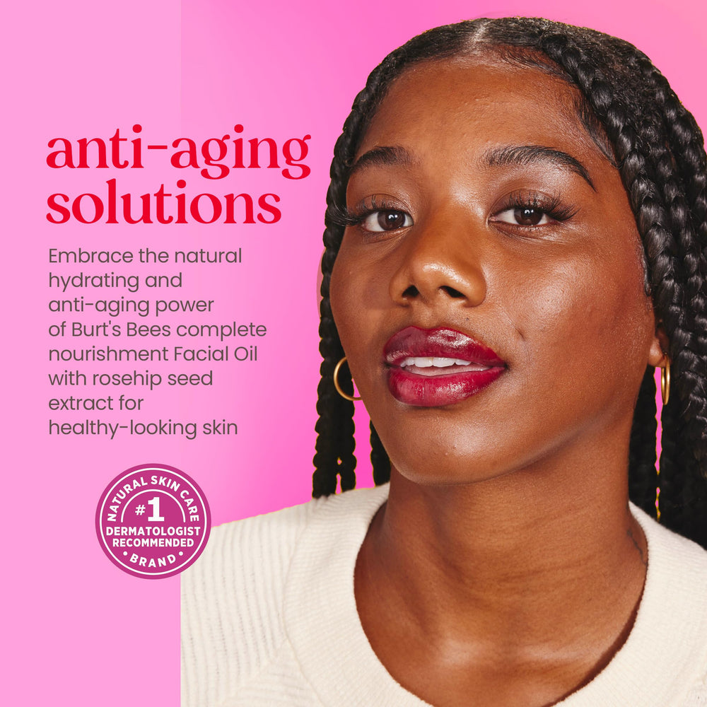 Burt's Bees Rosehip oil jar close-up emphasizing natural origin and purity