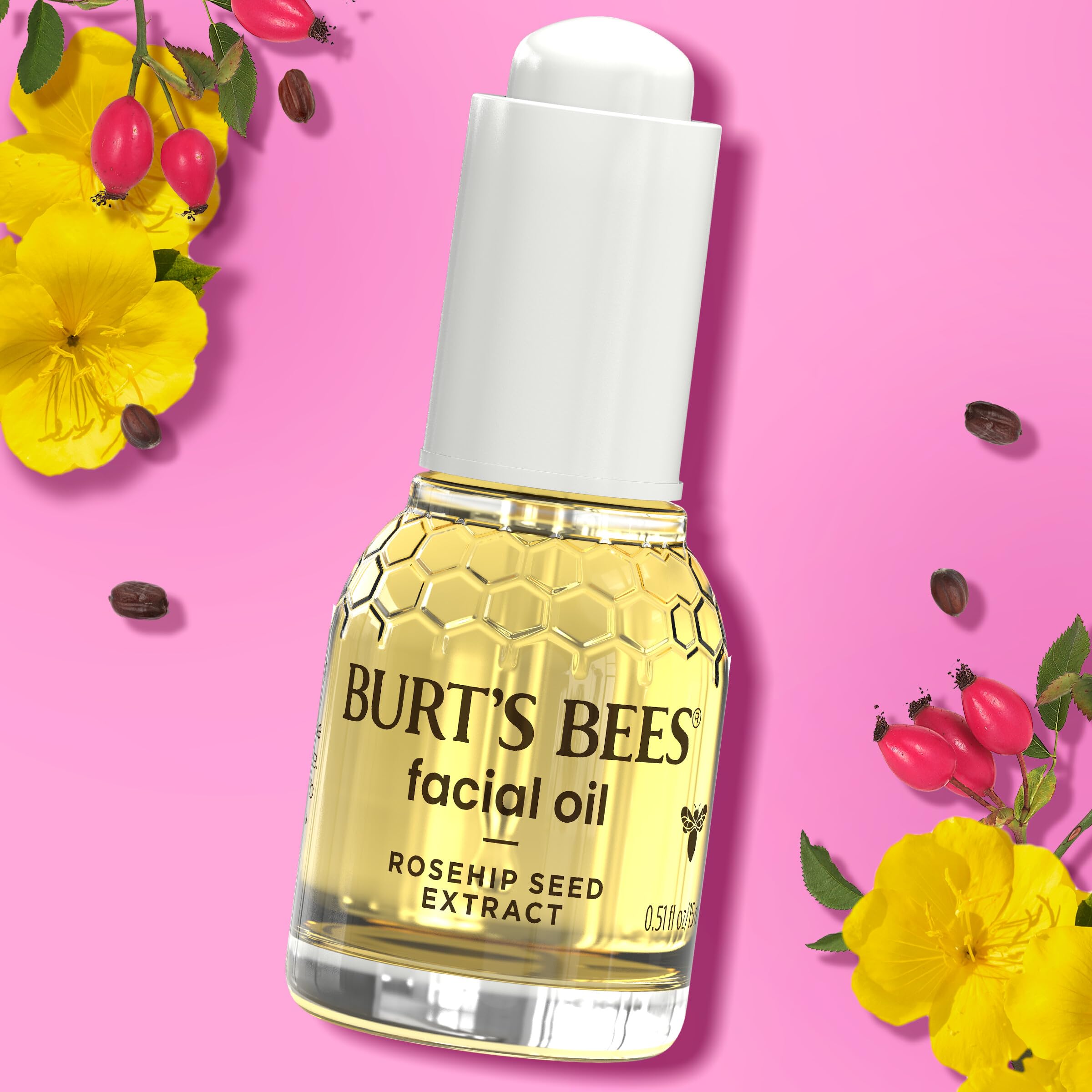 Burt's Bees Rosehip seed oil ingredients close-up highlighting fatty acids and vitamins