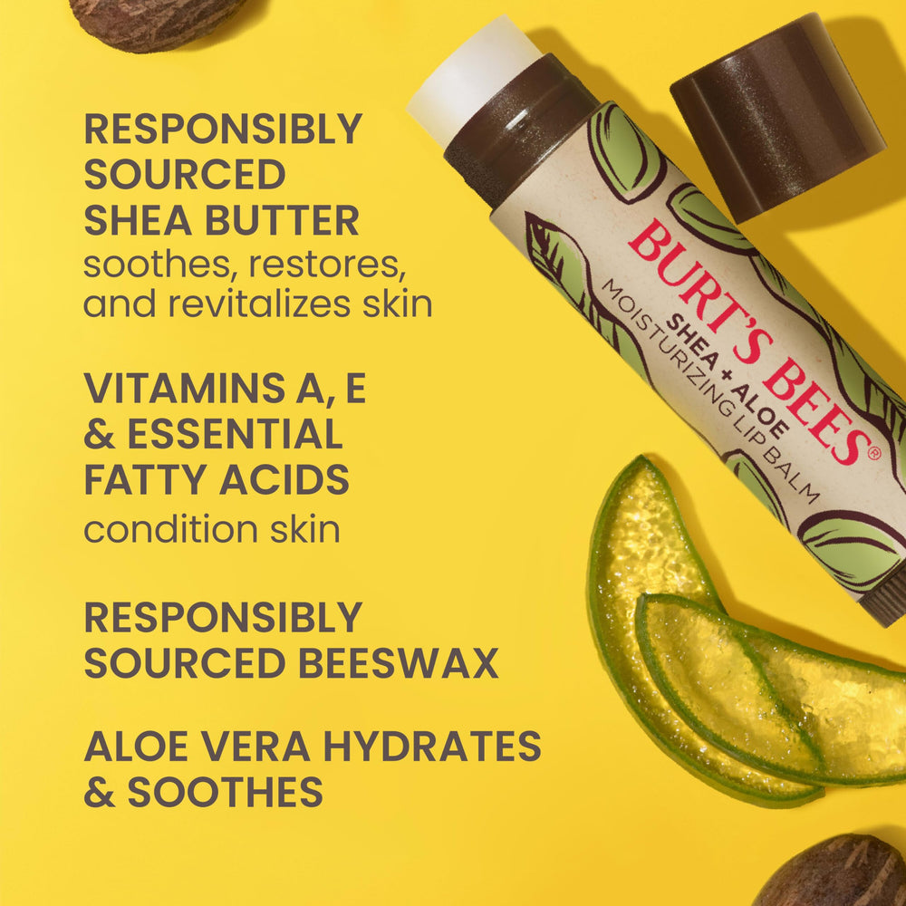 Burt's Bees lip balm on fingertip shows lightweight, quick-absorb formula.