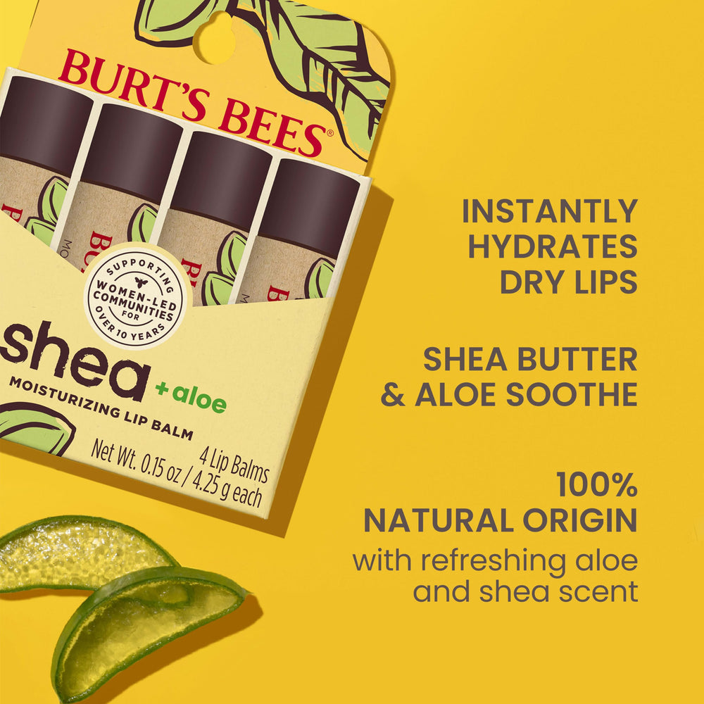 Burt's Bees Shea Aloe lip balm tubes close-up highlighting silky texture.