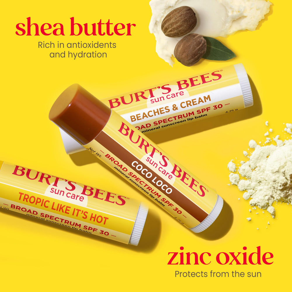 Burt's Bees Coco Loco lip balm tube ready for beach day hydration