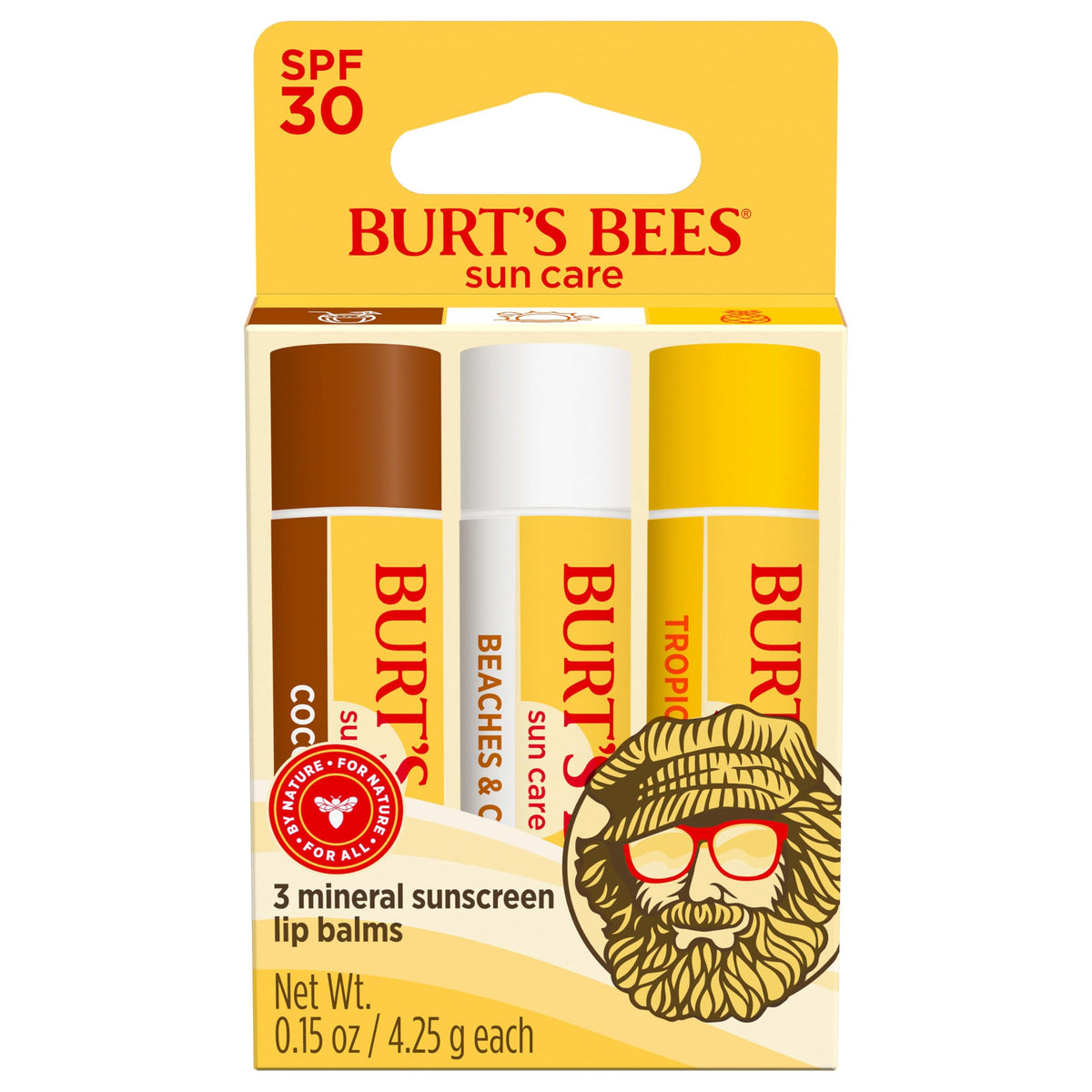 Burt's Bees SPF30 Lip Balm Island Getaway packaging for travel-ready sun lip care