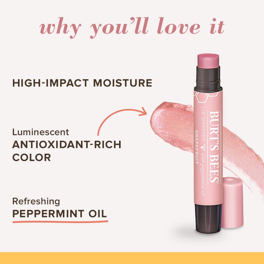 Burt's Bees Lip Shimmer with sunflower oil and Vitamin E for hydration and comfort.