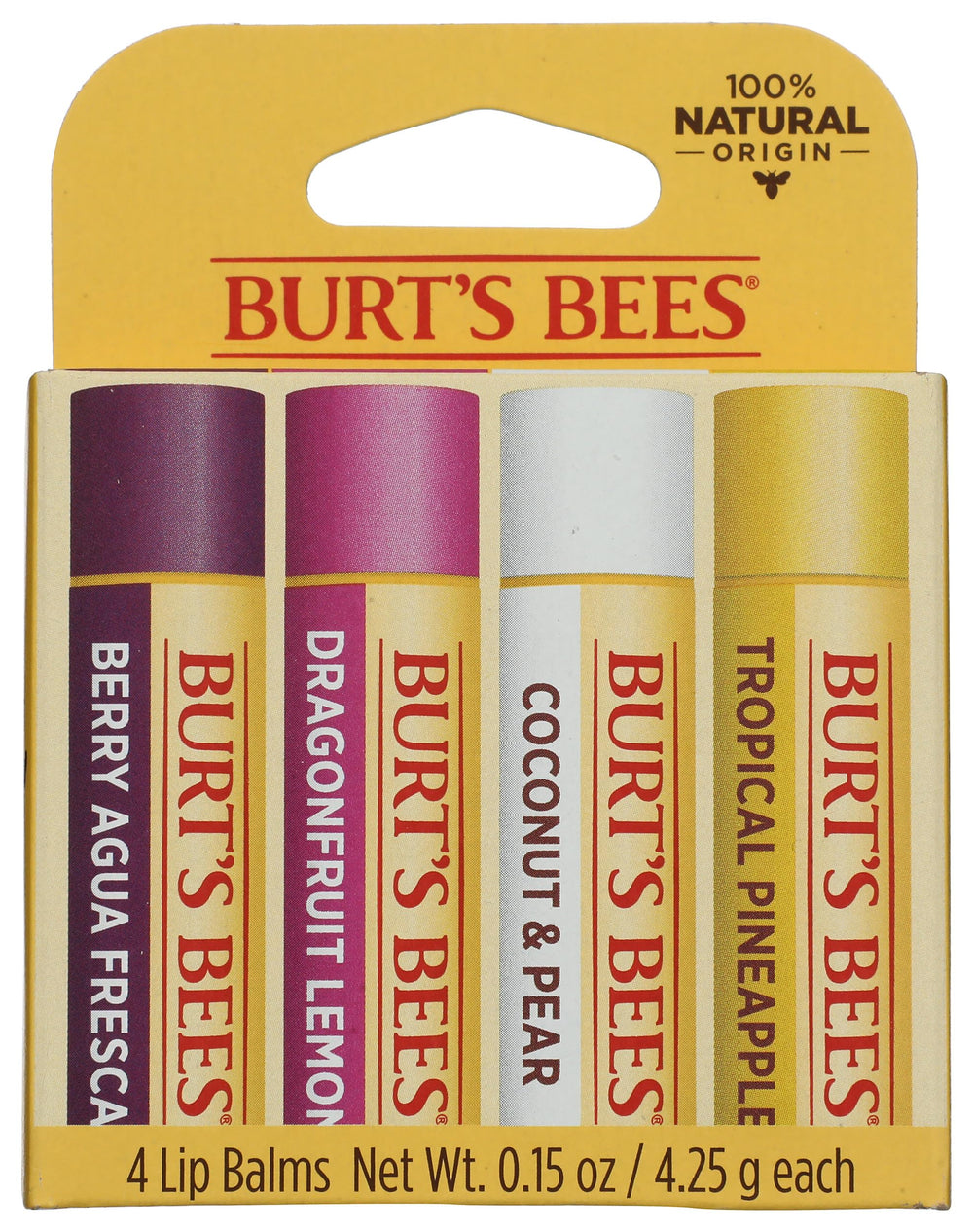 Burt's Bees Tropical Assortment packaging shows multiple lip balms for on-the-go hydration.
