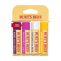 Close-up Burt's Bees lip balm tubes emphasizes smooth texture for everyday moisture.