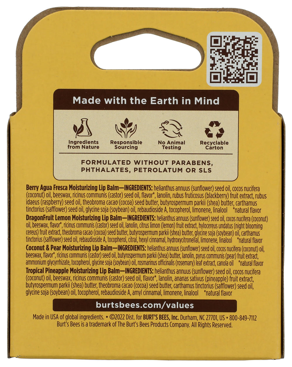 Burt's Bees tropical lip balm tubes front view highlights compact travel size.
