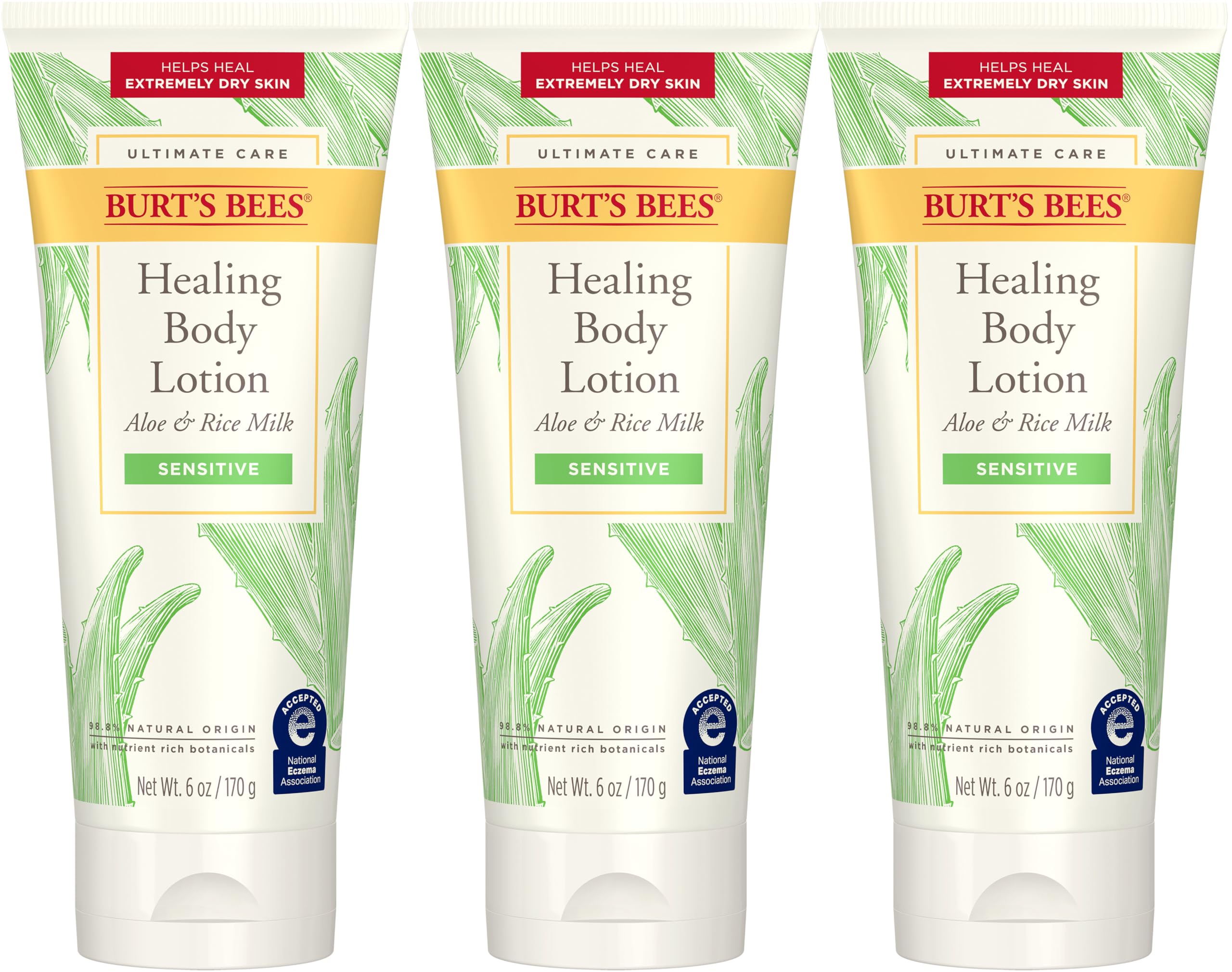 Burt's Bees Ultimate Care Healing Lotion tube close-up showing rich hydration for dry skin