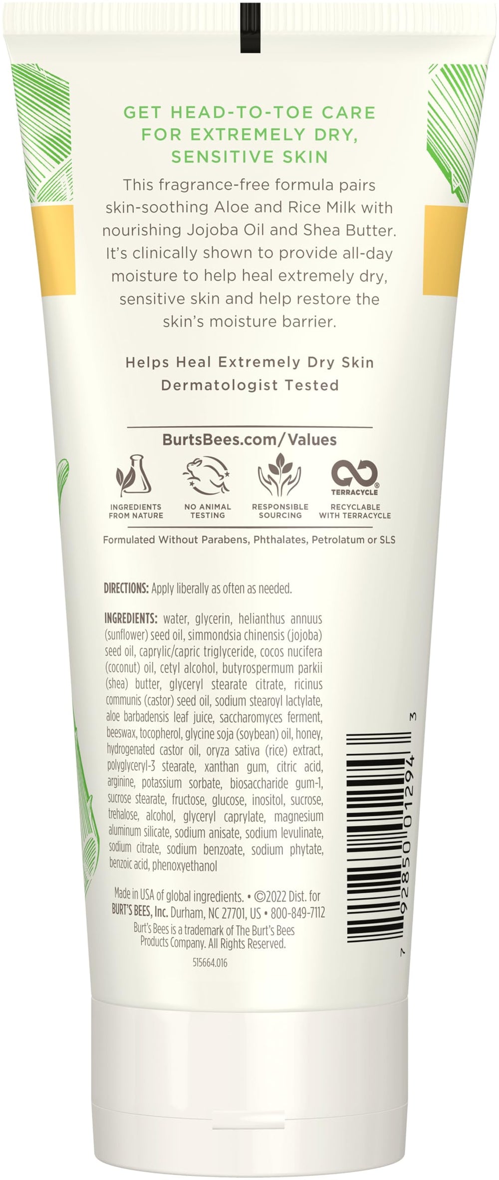 Burt's Bees Ultimate Care lotion ingredients jar highlights jojoba oil and shea butter