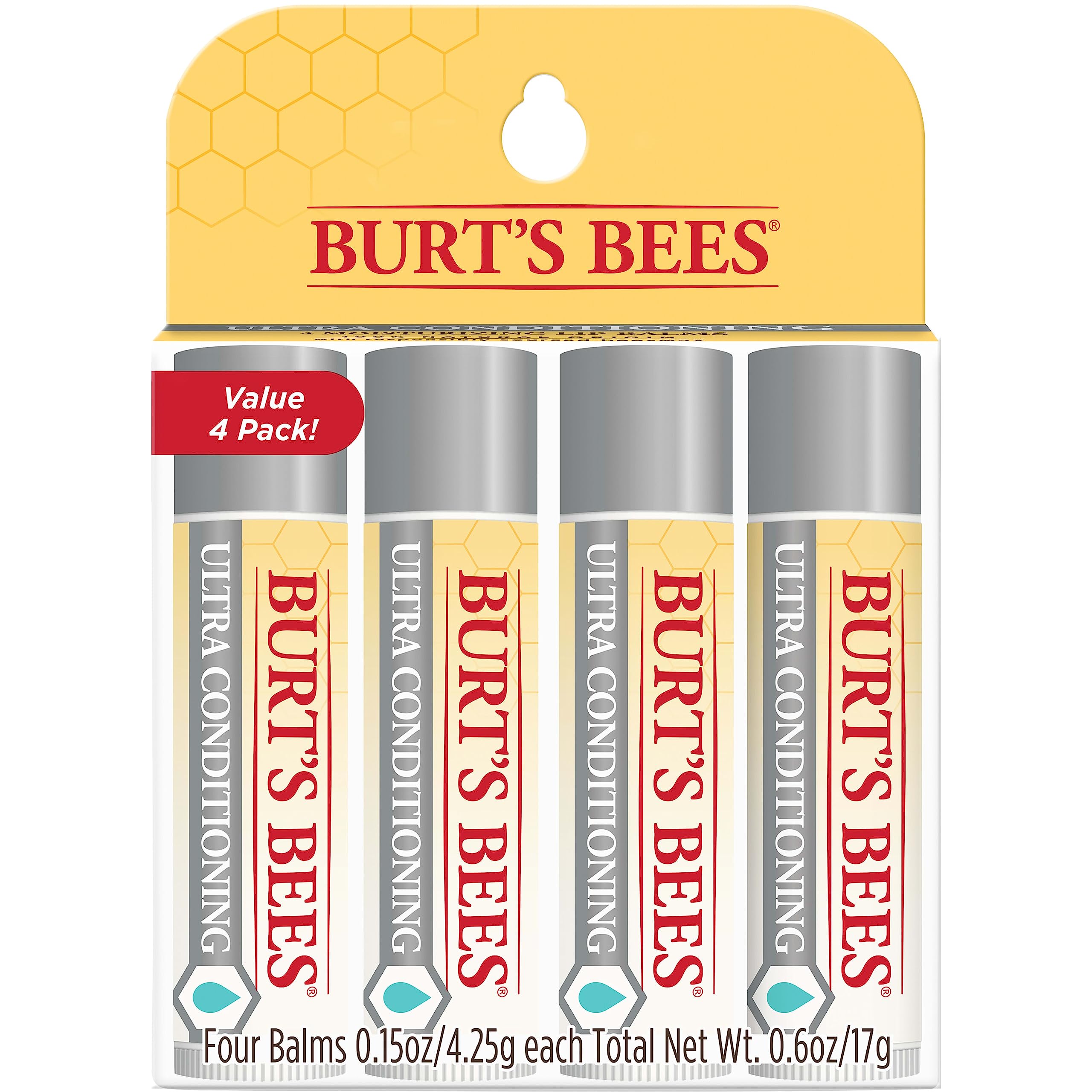 Burt's Bees Ultra Conditioning Lip Balm 4-pack tubes shown for on-the-go moisture.