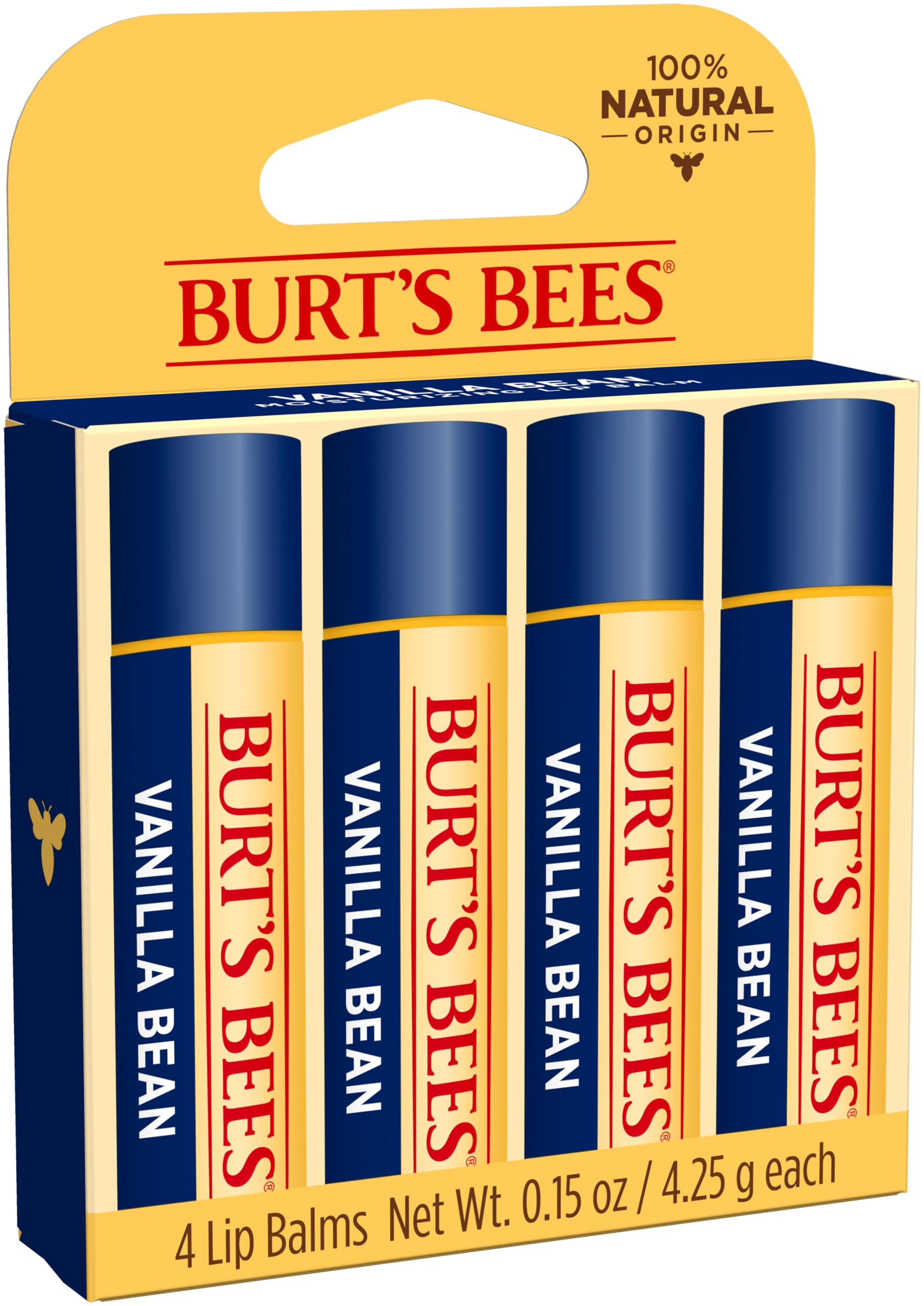Burt's Bees lip balm ingredients—beeswax, shea butter and vitamin E—highlight natural care.