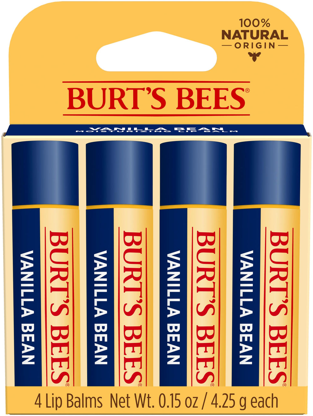 Burt's Bees Vanilla Bean Lip Balm packaging box highlights natural ingredients and trusted lip care.