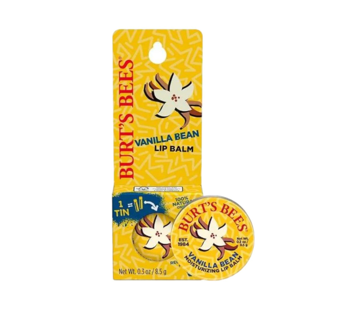 Burt's Bees Vanilla Bean Lip Balm Tin packaging, compact and recyclable, enables portable moisture.