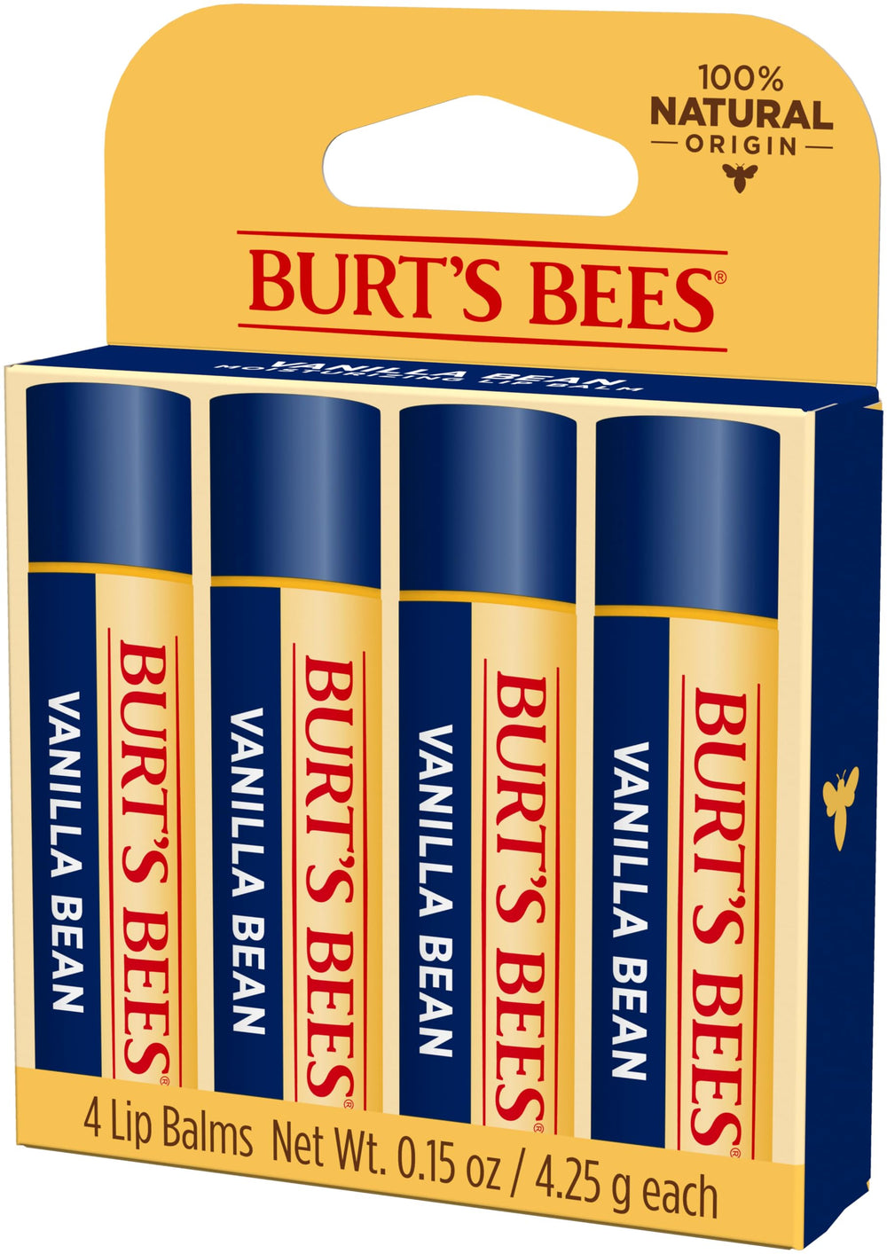Burt's Bees Vanilla Bean Lip Balm travel-friendly packaging supports dry lips on the go.