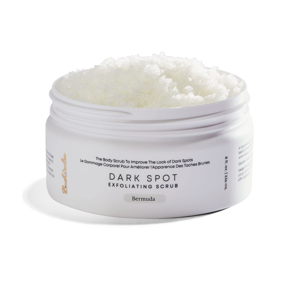 Bushbalm Bermuda dark spot scrub jar shown for pre-shave exfoliation and smoother skin