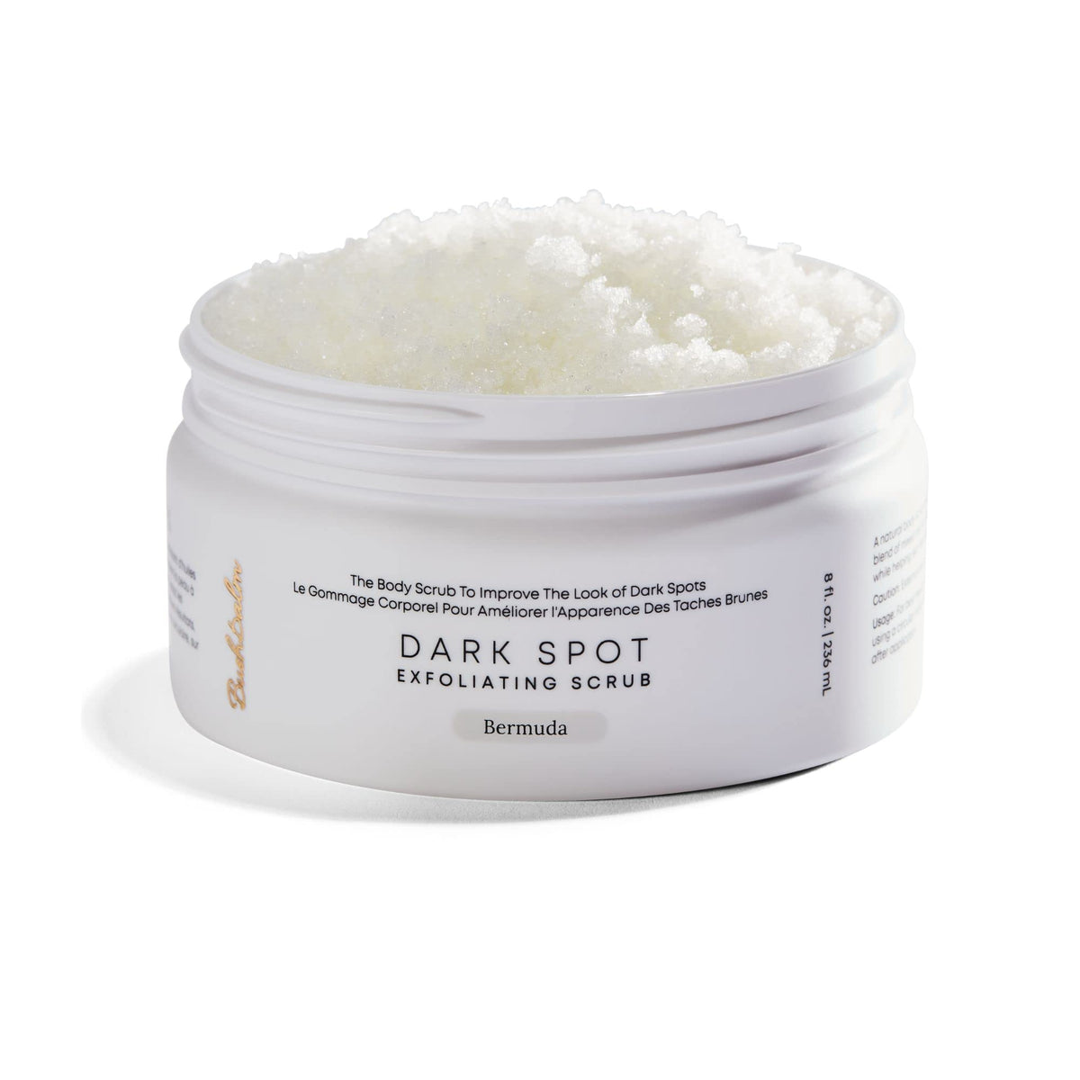 Bushbalm Bermuda dark spot scrub jar shown for pre-shave exfoliation and smoother skin
