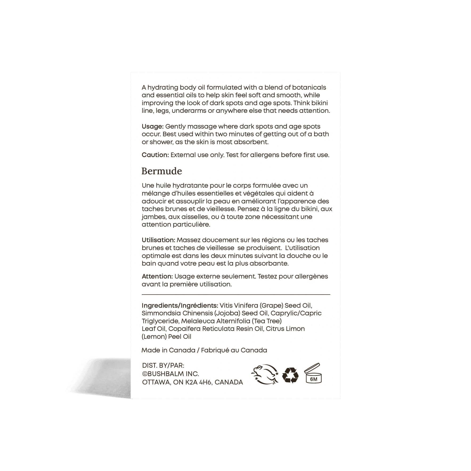 Bushbalm Bermuda Oil vegan cruelty-free badge on clean label.