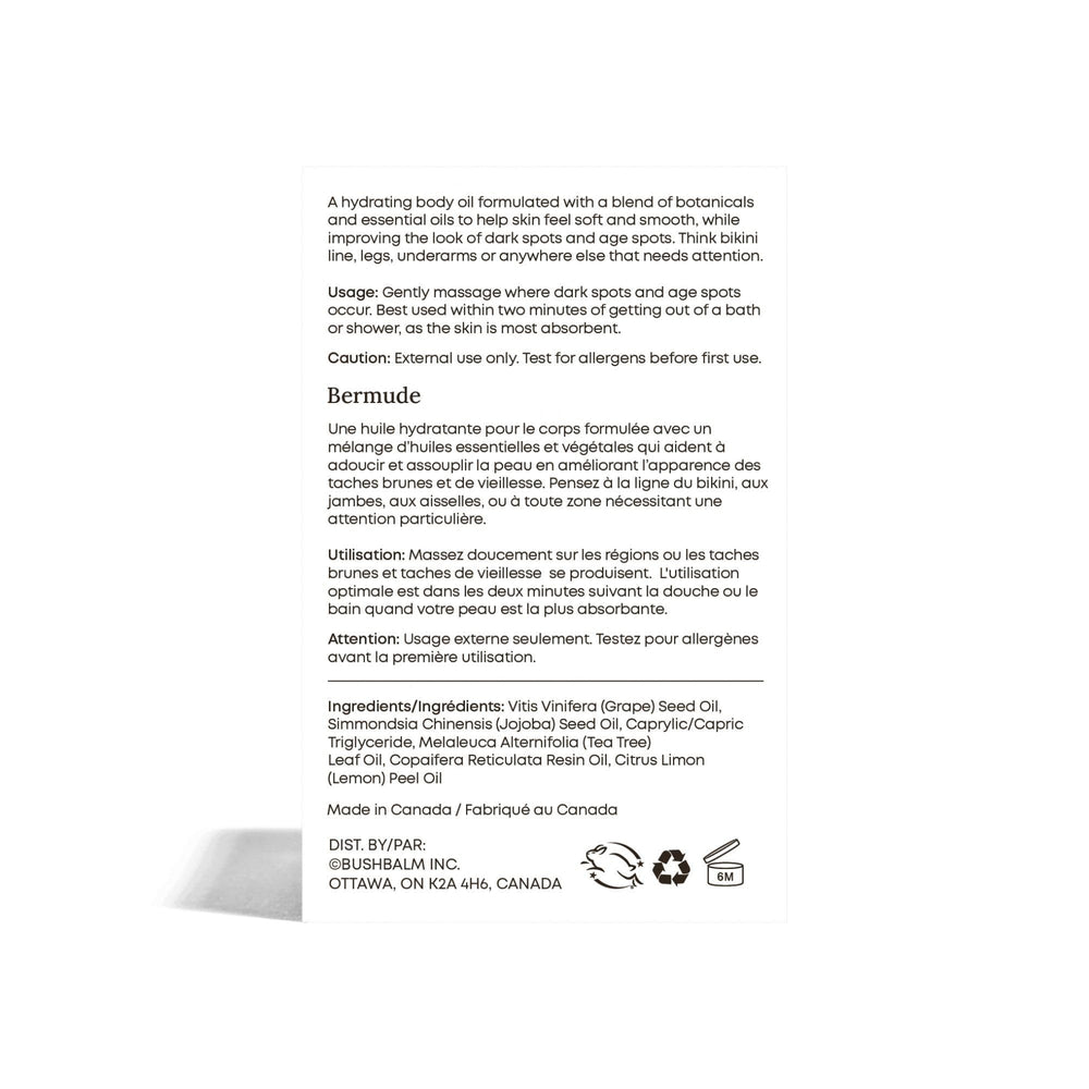 Bushbalm Bermuda Oil vegan cruelty-free badge on clean label.