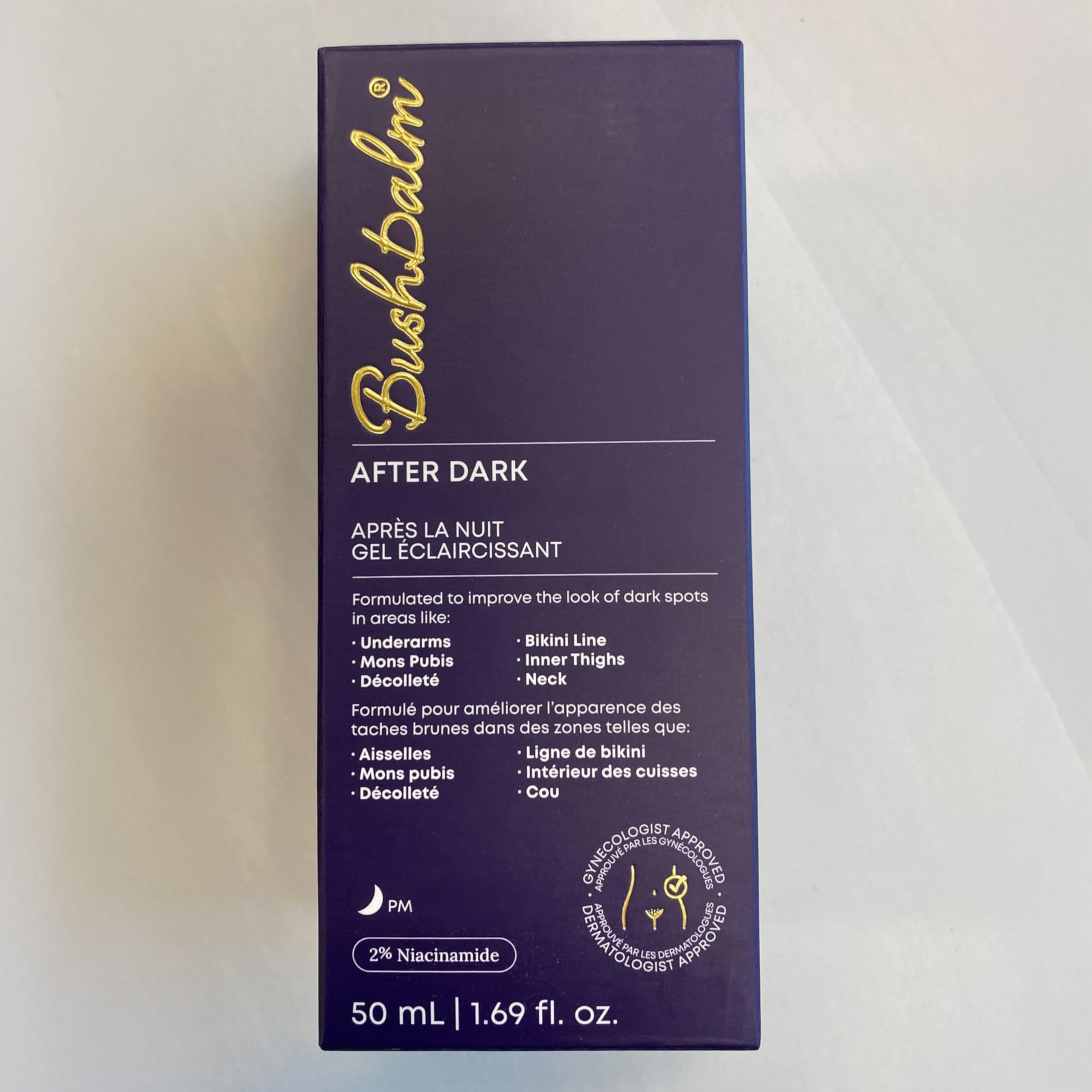 Bushbalm After Dark gel texture close-up highlights soothing formula for even-toned underarms.