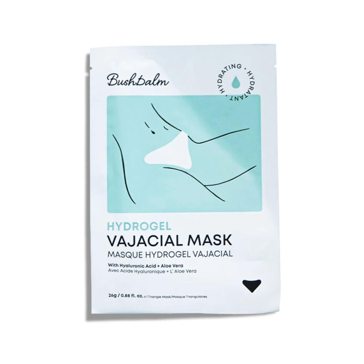 Bushbalm Hydrogel Vajacial Triangle Mask packaging highlights vegan formula for post-hair removal care.