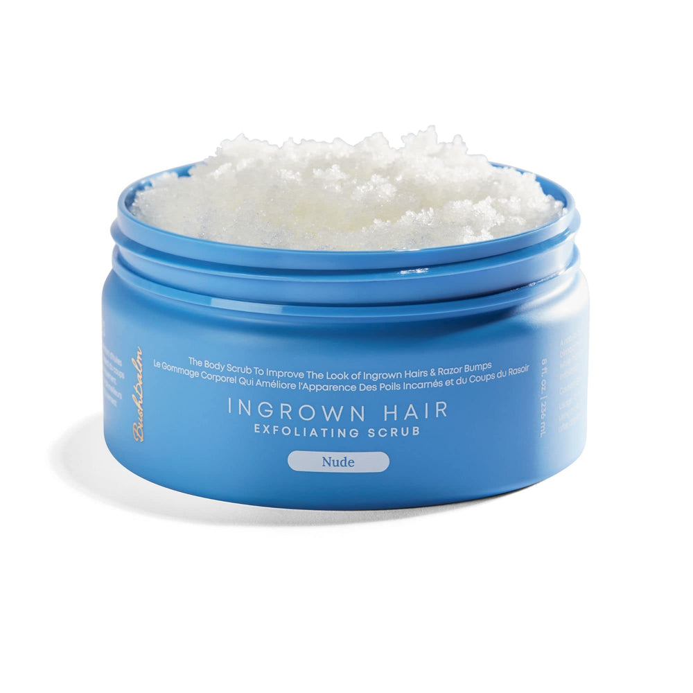 Bushbalm Nude ingrown hair scrub bottle shows exfoliation aiding smoother skin and reduced ingrown hairs