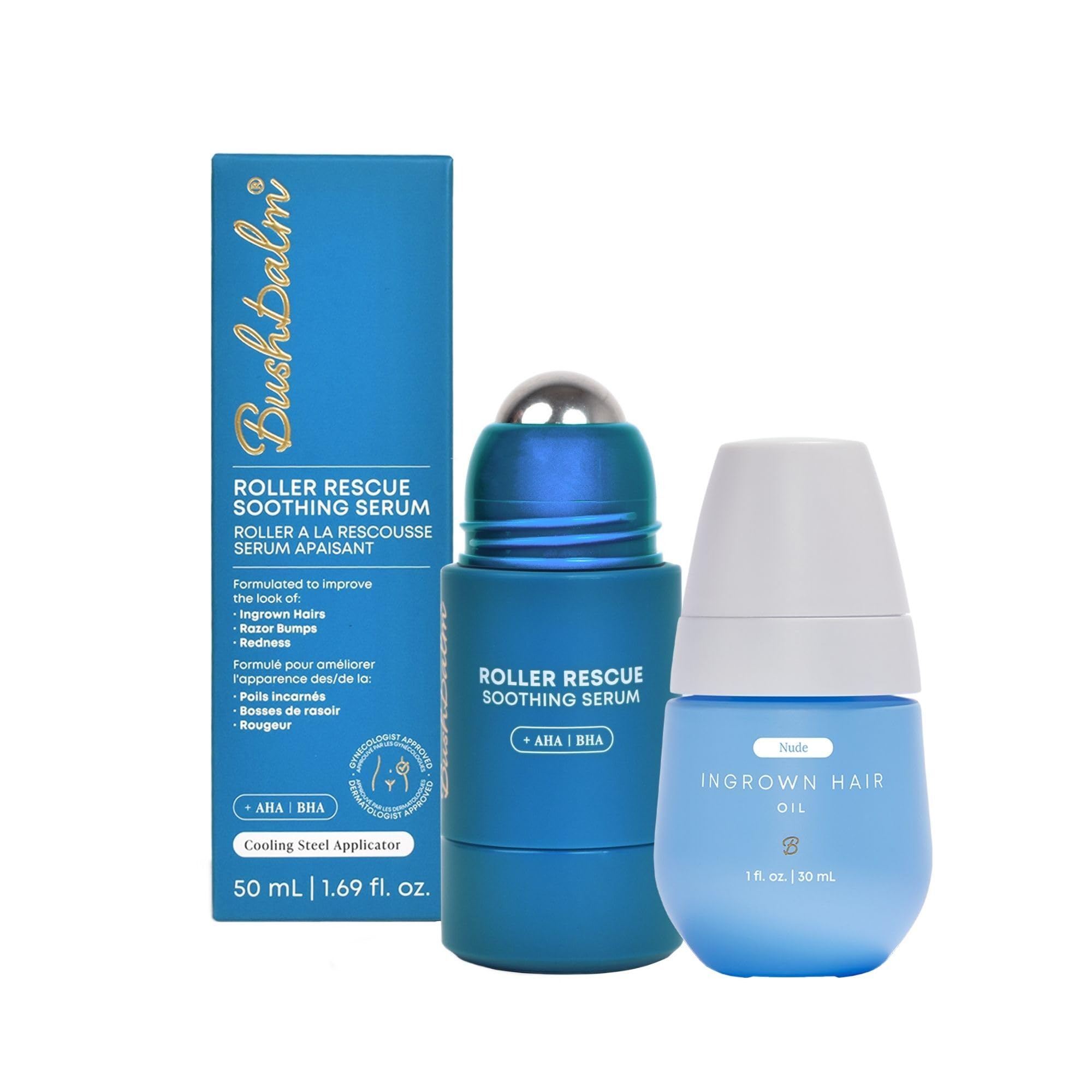 Bushbalm Roller Rescue Serum bottle closeup showing soothing exfoliation benefits.