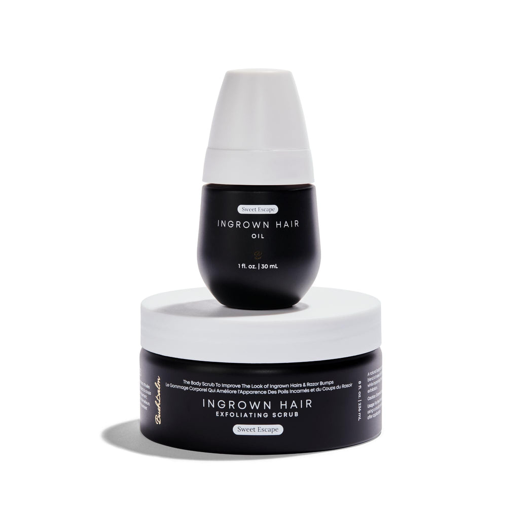 Bushbalm Sweet Escape oil bottle showcases post-shave hydration for smooth skin.