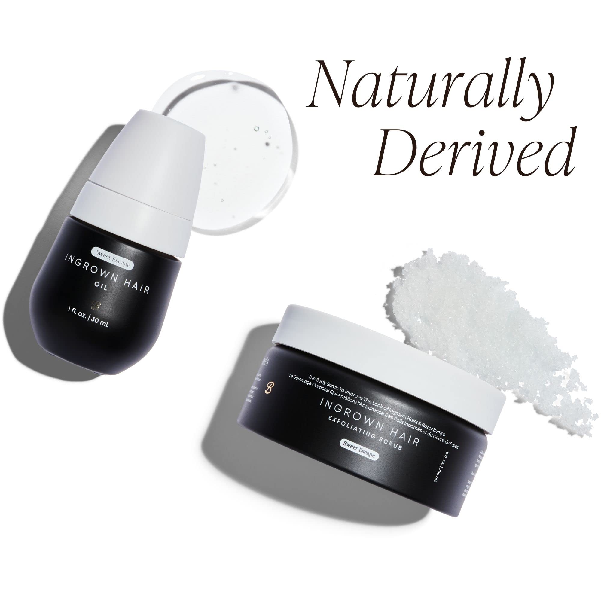 Bushbalm Sweet Escape scrub tub shows exfoliating grains for radiant skin after hair removal.