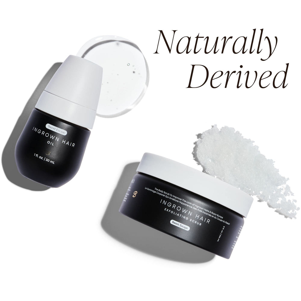 Bushbalm Sweet Escape scrub tub shows exfoliating grains for radiant skin after hair removal.