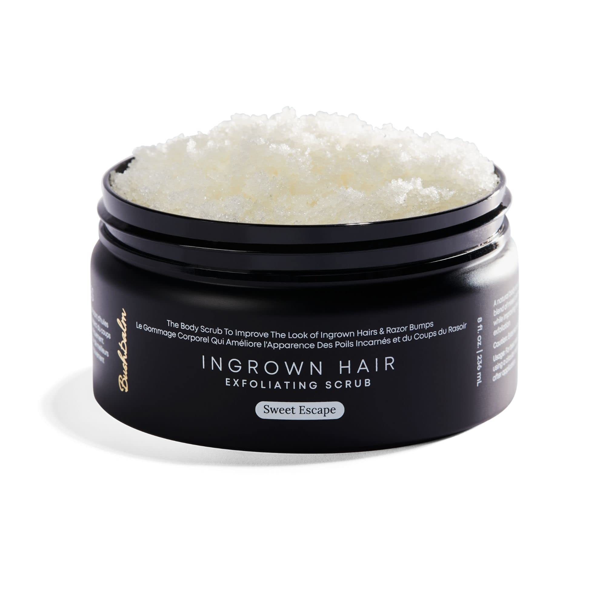 Bushbalm Sweet Escape scrub jar showing exfoliating sugar texture for smoothing skin.