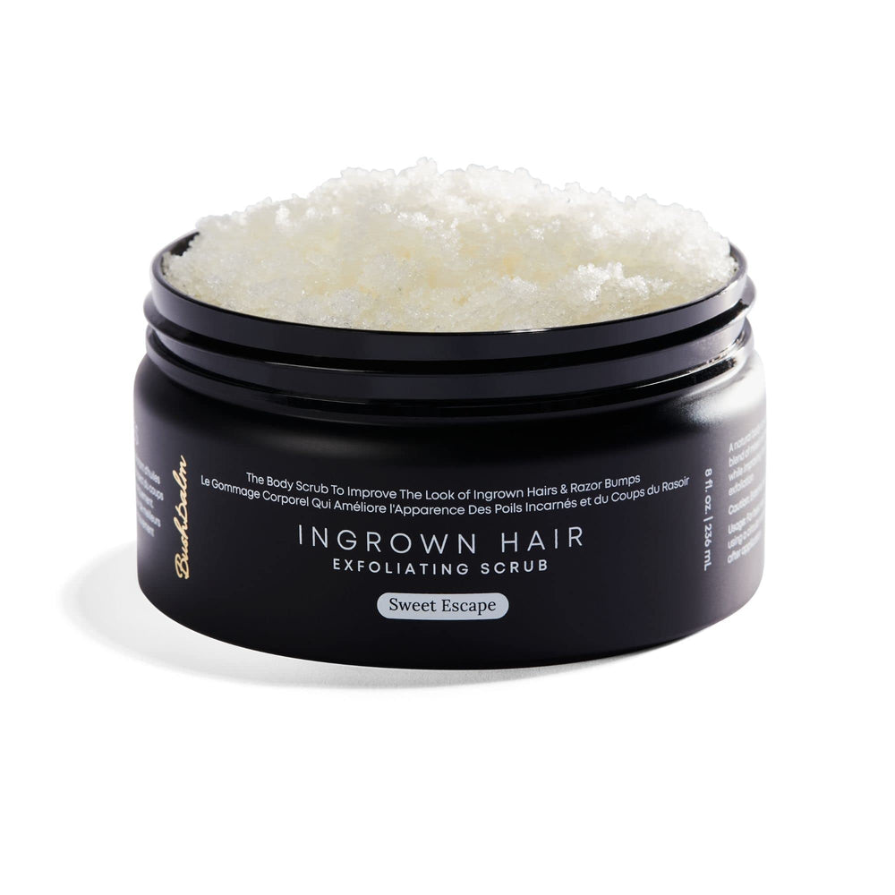 Bushbalm Sweet Escape scrub jar showing exfoliating sugar texture for smoothing skin.