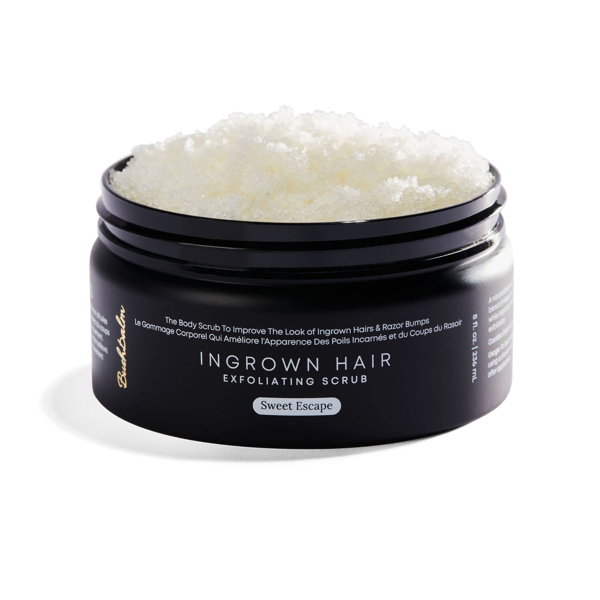 Bushbalm Sweet Escape scrub jar showing exfoliating sugar texture for smoothing skin.