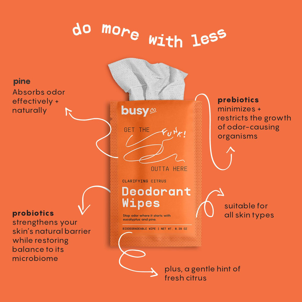BUSYCO Refresh Line Wipes open pack reveals 15 wipes ready to refresh skin.