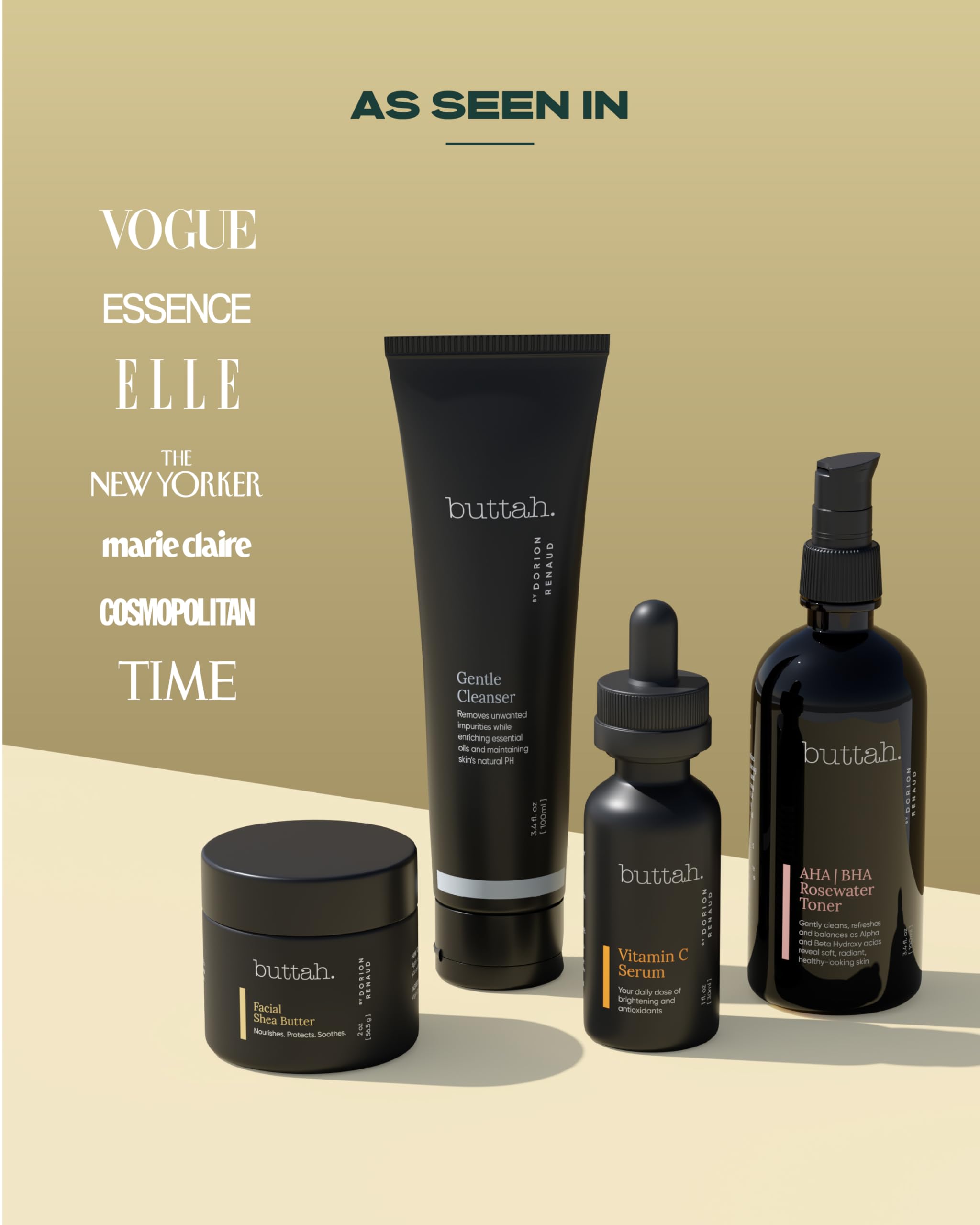 Buttah brand logo with product lineup emphasizes Black-owned skincare and trusted quality.