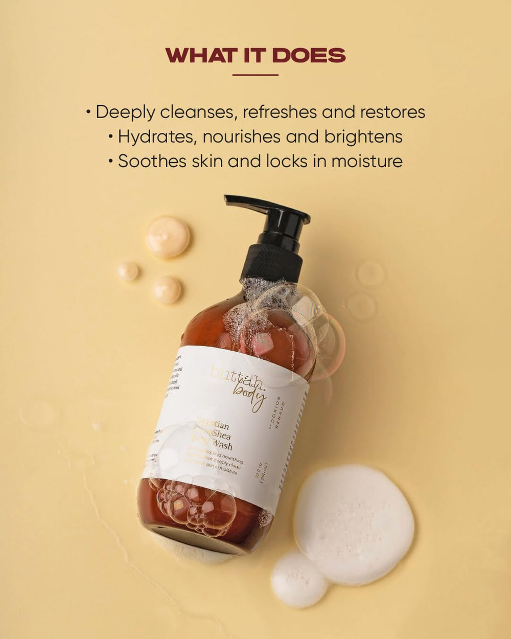 Buttah CocoShea body wash ingredients reveal African cocoa butter and vitamins for nourishing routine.