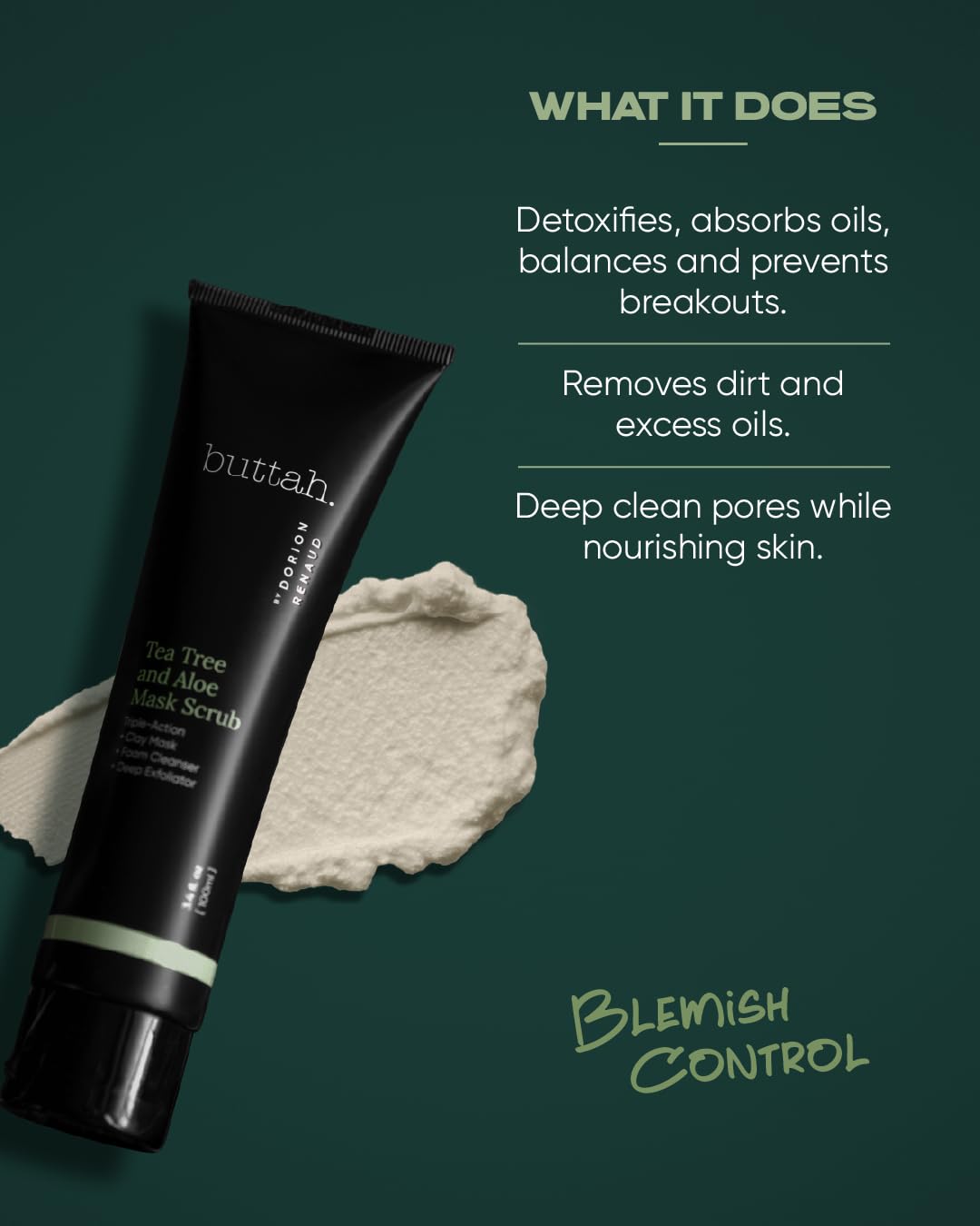 Buttah Tea Tree Aloe Scrub applied to hands shows cooling cleanse and exfoliation.