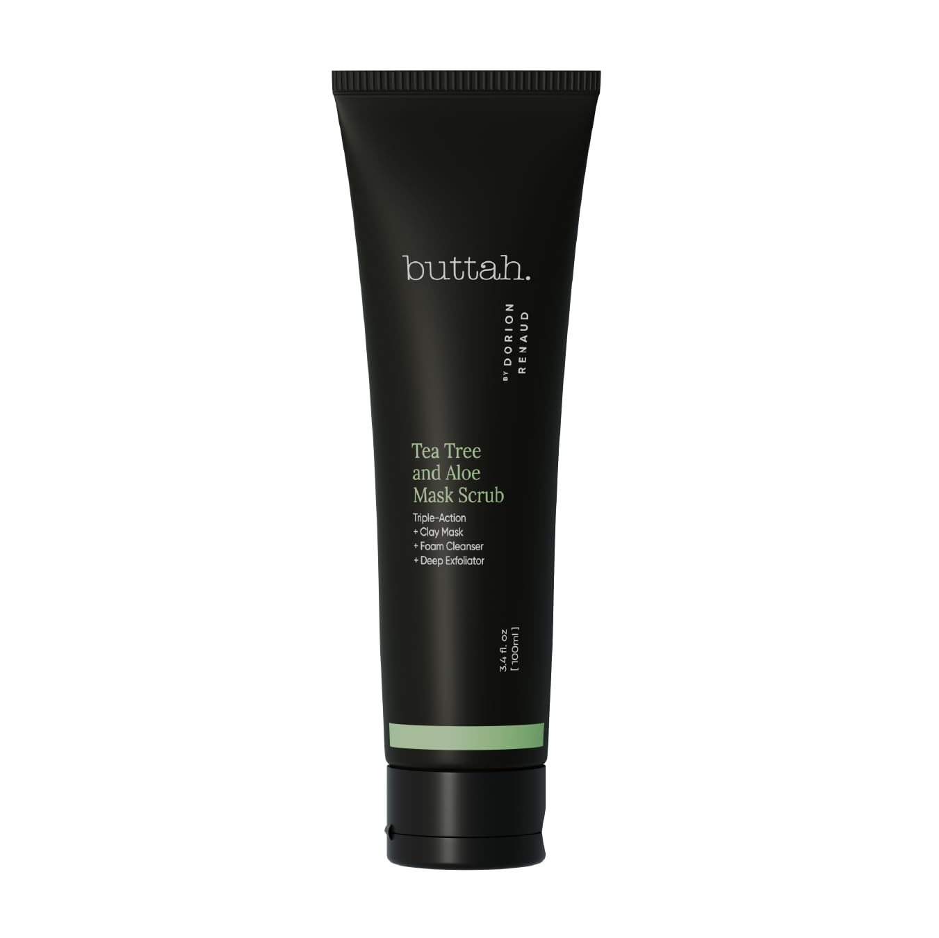 Buttah Tea Tree Aloe Scrub bottle demonstrates premium packaging for a purifying cleanse.