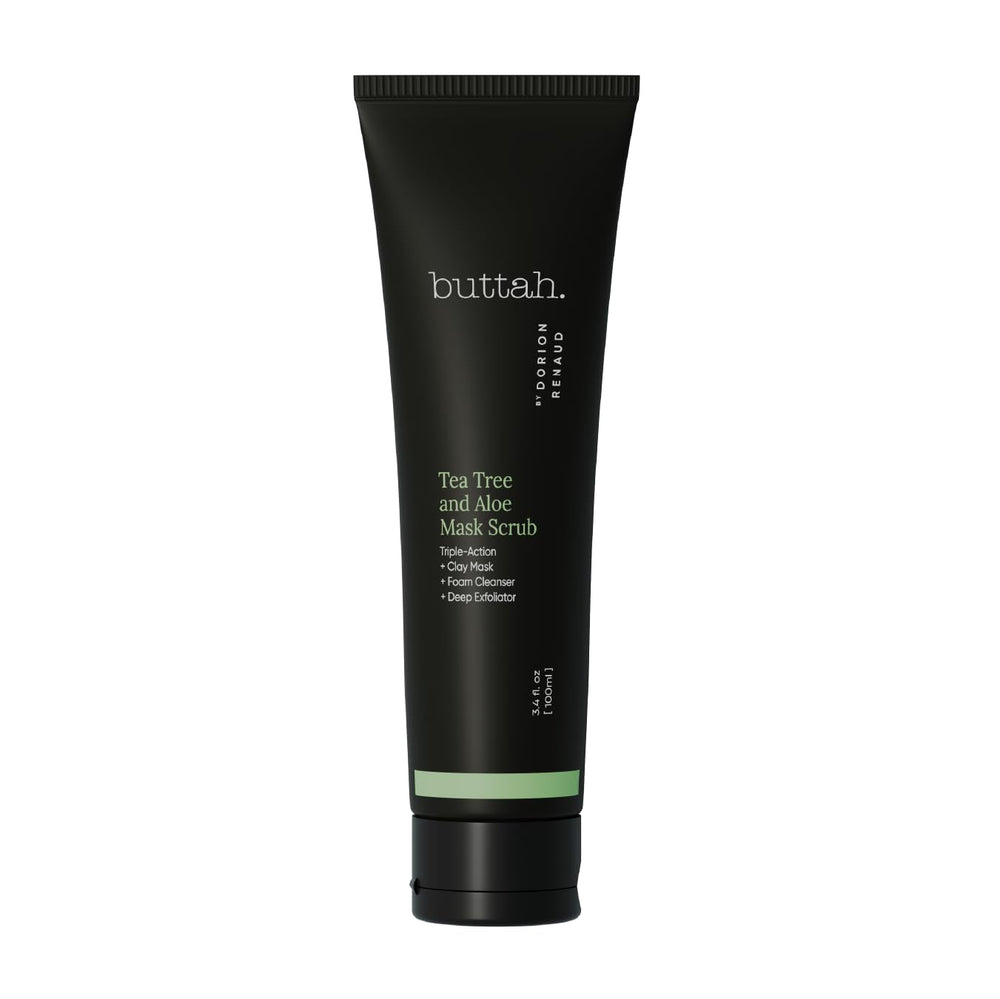 Buttah Tea Tree Aloe Scrub bottle demonstrates premium packaging for a purifying cleanse.