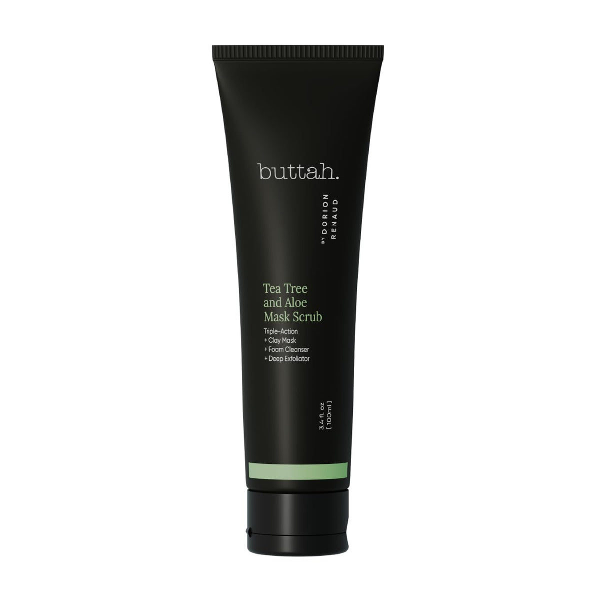 Buttah Tea Tree Aloe Scrub bottle demonstrates premium packaging for a purifying cleanse.