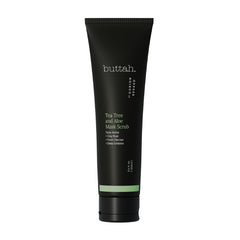 Buttah Tea Tree Aloe Scrub bottle demonstrates premium packaging for a purifying cleanse.