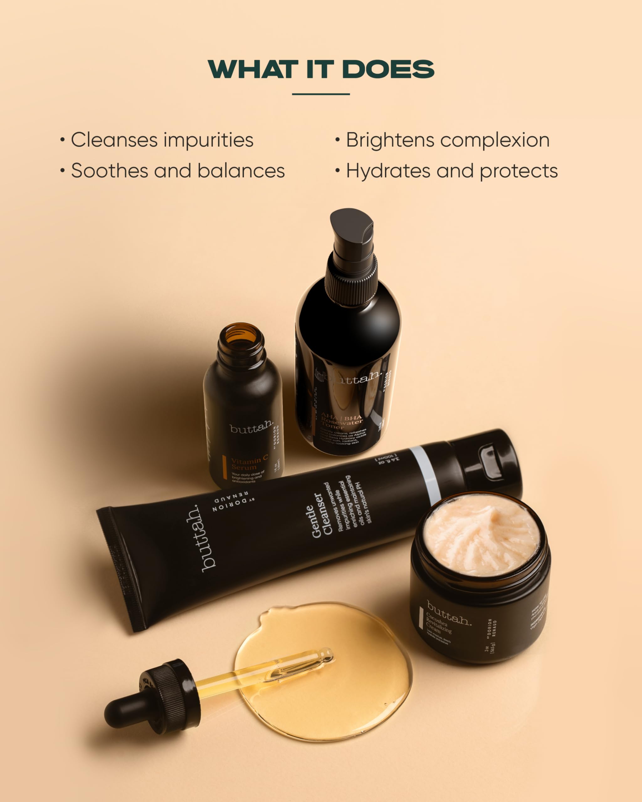 Buttah Vitamin C Serum 1oz bottle highlights brightening formula for even-toned skin.
